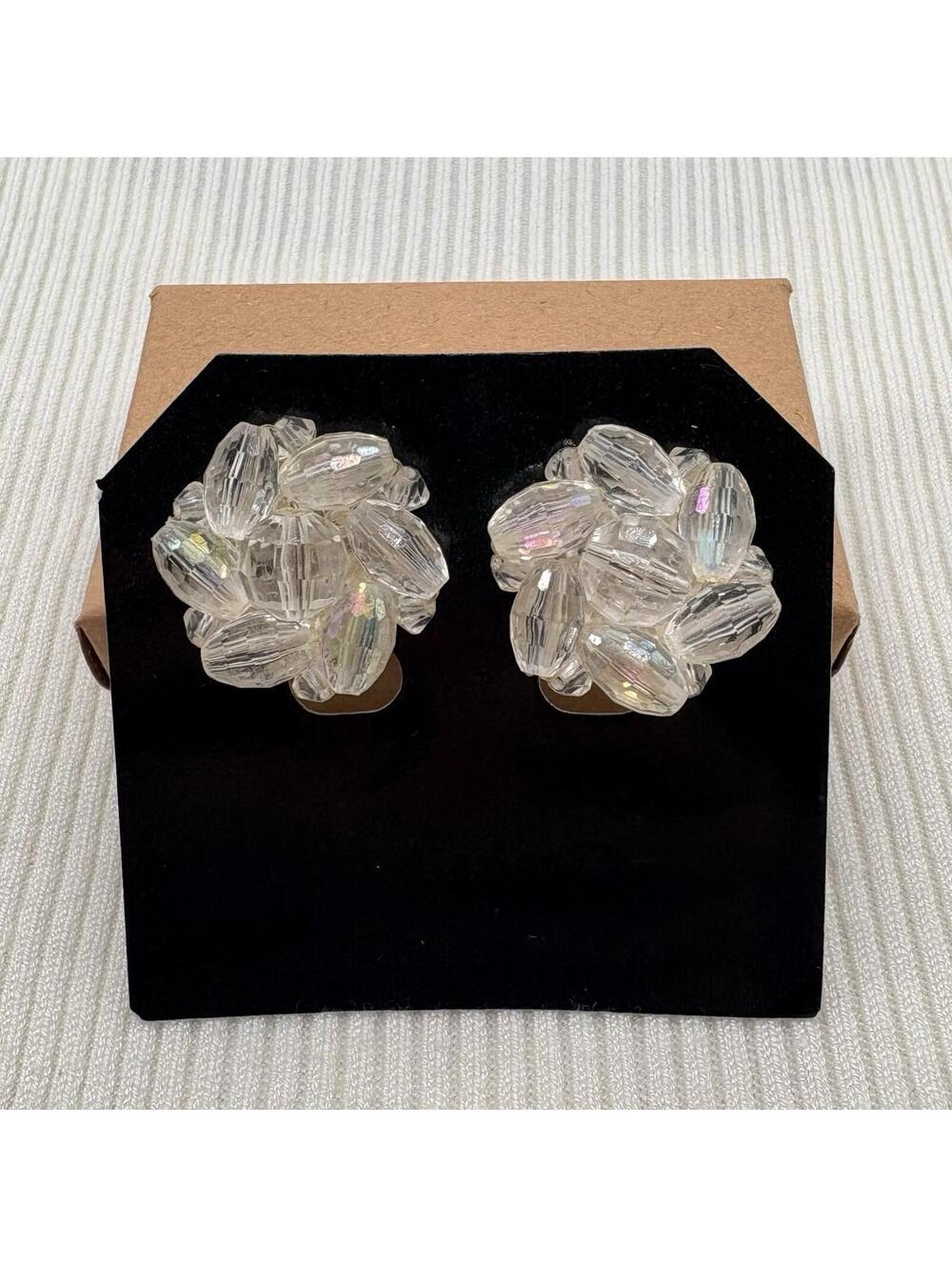 Vintage Western Germany AB Clear Lucite Bead Cluster Clip On Earrings